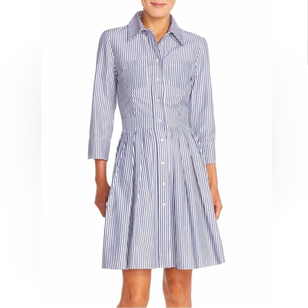 Eliza J 100% cotton pinstripe blue and white fit and flare shirtdress, size 8